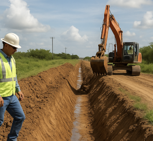 Excavator diving a drainage ditch